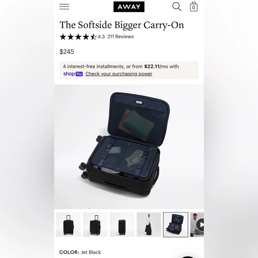 Away Jet Black Softside Carry-On Luggage - Picture 3 of 16